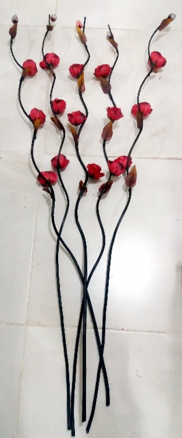 5 Adet 160cm Kırmızı 15 Çiçekli 5 Tomurcuklu Siyah Uzun Dal - 2