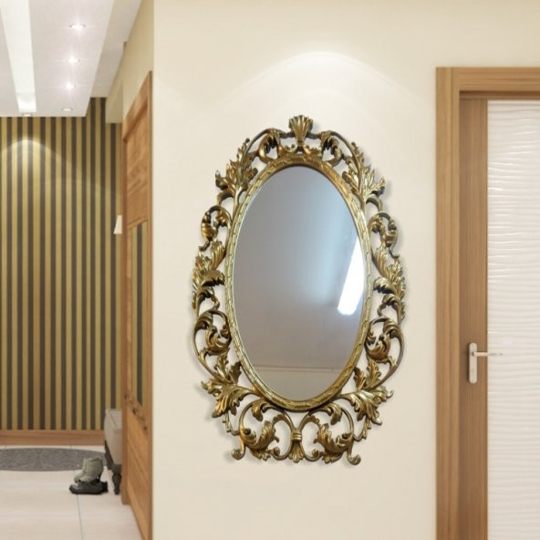 103cm Sarı Yaldız İşlemeli Oymalı Desenli Rustik Duvar Boy Aynası