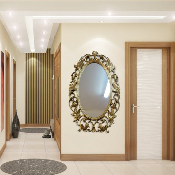 103cm Sarı Yaldız İşlemeli Oymalı Desenli Rustik Duvar Boy Aynası - 3