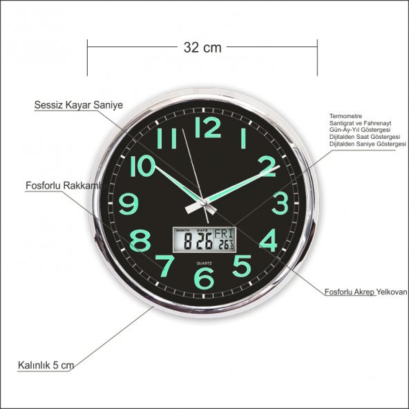 Fosforlu Termometreli Dijitalli Siyah Zeminli 32cm Duvar Saati - 4