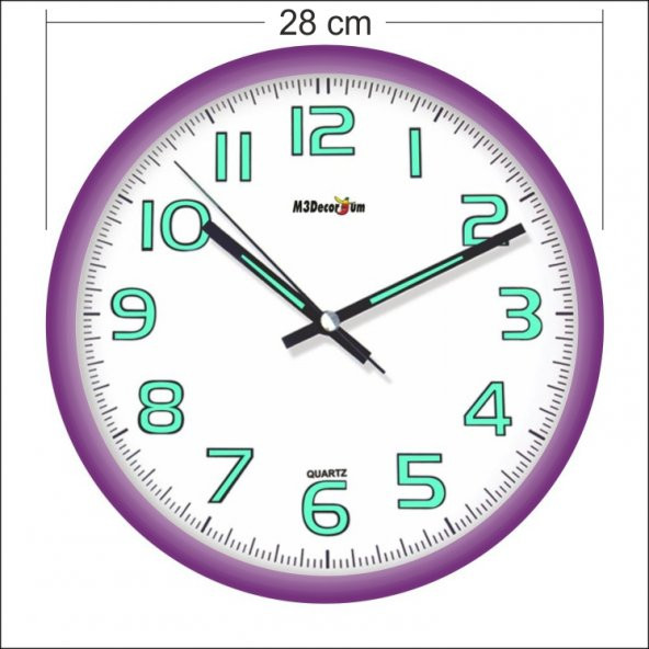 Ultra Mor Çerçeve 28cm Çap Sessiz Kaliteli Fosforlu Duvar Saati - 2
