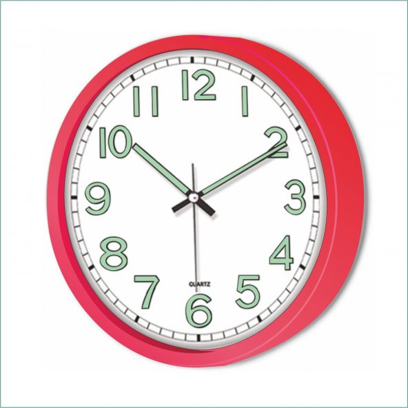 Gece Görünen Kırmızı Çerçeveli Kasalı 22 cm Fosforlu Duvar Saati ürün görseli 1