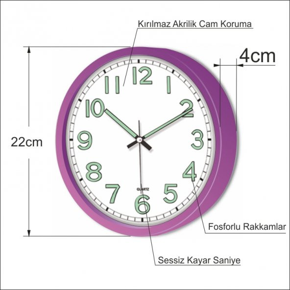 Gece Okunabilen Ultra Mor Kasa 22 cm Sessiz Fosforlu Duvar Saati - 3