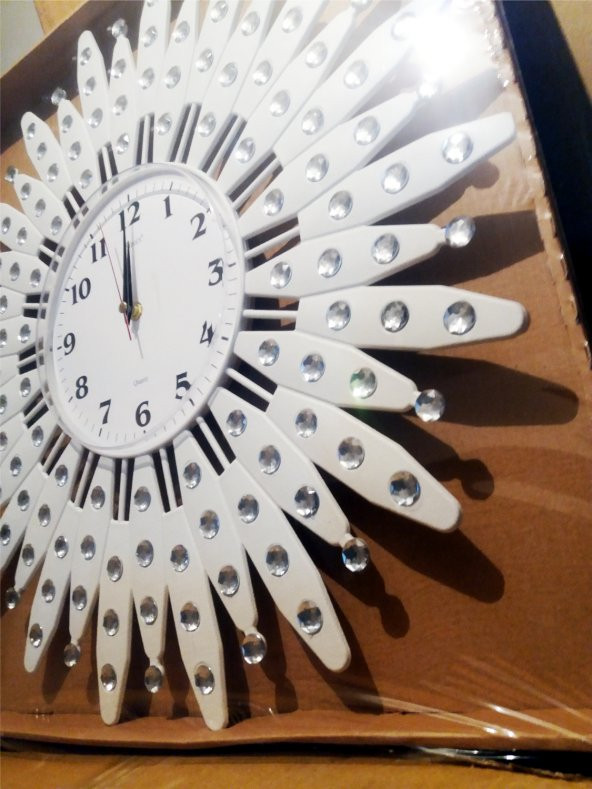 Beyaz Çok Bol Taşlı 55 cm Ferforje Camlı Geometrik Duvar Saati - 3