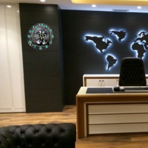 Büyük Dev 35 cm Baykuşlu Fosforlu Bombe Camlı Sessiz Duvar Saati - Resim 2