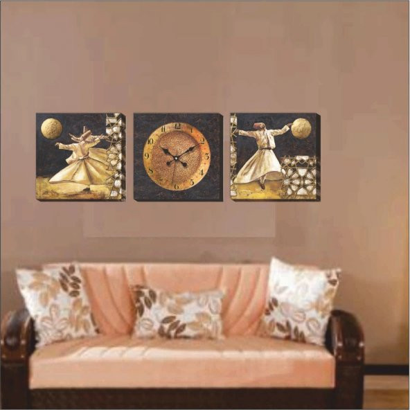 Mevlana Semazen Üçlü 3 lü Kanvas Canvas Duvar Saati - 2