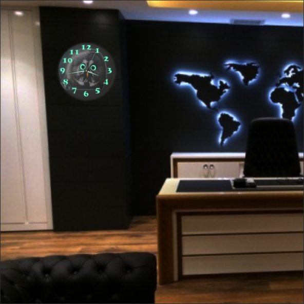 Büyük Dev 35 cm Baykuşlu Fosforlu Bombe Camlı Sessiz Duvar Saati - Resim 4