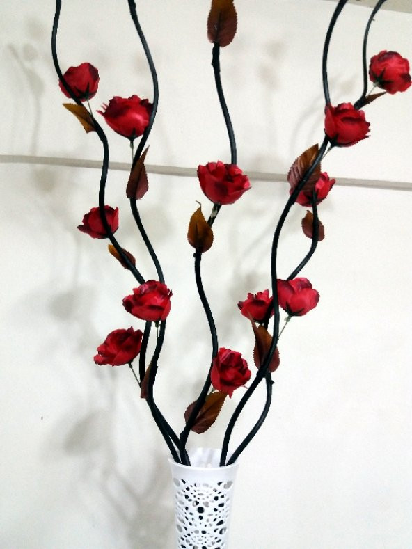 160cm Uzun Dallı Kırmızı Çiçekli 60cm Uzun Desenli Beyaz Vazo