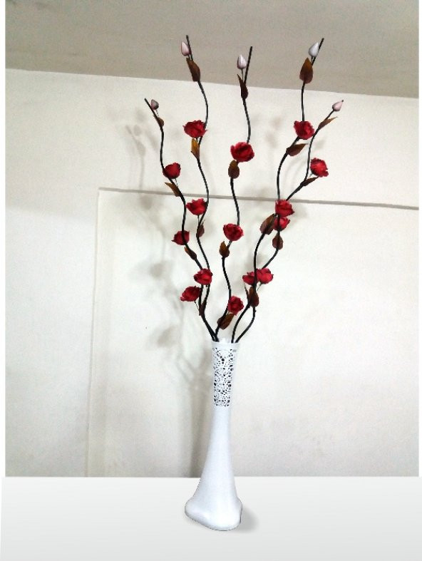 160cm Uzun Dallı Kırmızı Çiçekli 60cm Uzun Desenli Beyaz Vazo - 2