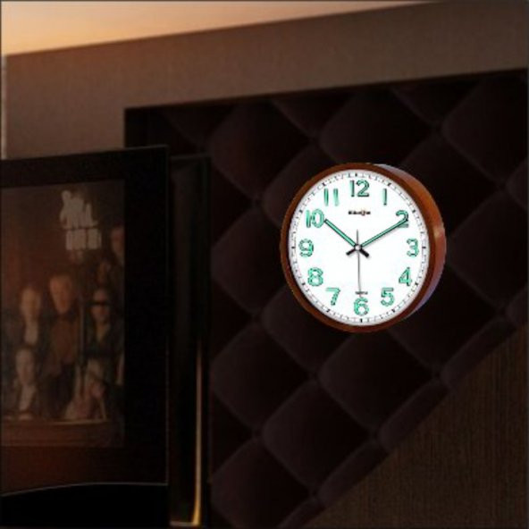 22 cm Karanlıkta Parlayan Fosforlu Beyaz Kahve Siyah Duvar Saati - Resim 4