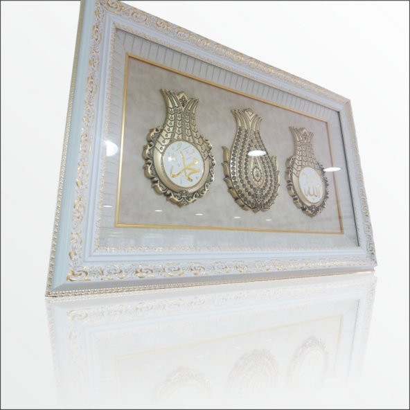 61x97cm Esmalı Kristal Taşlı Oyma Çerçeveli Üçlü Lale Tablo Pano - Resim 2