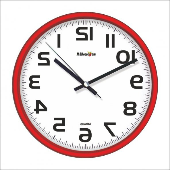 Ters Kadran 28cm Terse Çalışan Kırmızı Çerçeve Duvar Saati