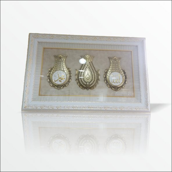 61x97cm Esmalı Kristal Taşlı Oyma Çerçeveli Üçlü Lale Tablo Pano - Resim 3