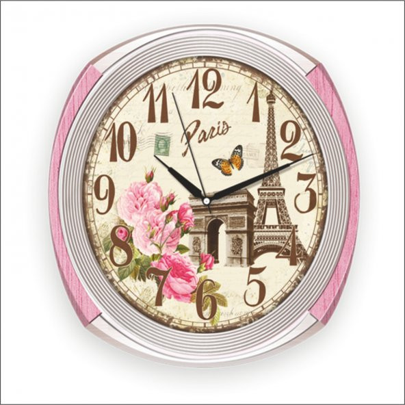 Pembe Çiçekli Paris Eyfel Kuleli Salon Oturma Odası Duvar Saati ürün görseli 1