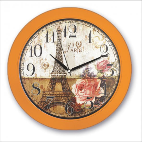 Turuncu Çerçeve Eyfel Kuleli Retro Sorti Paris Duvar Saati
