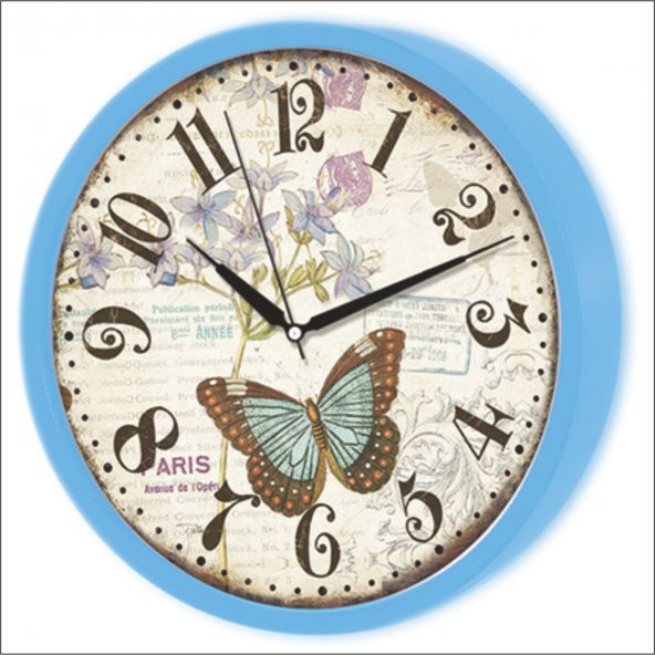 Mavi Çerçeve Mineral Kırılmaz Camlı Simela Kelebekli Duvar Saati ürün görseli 1