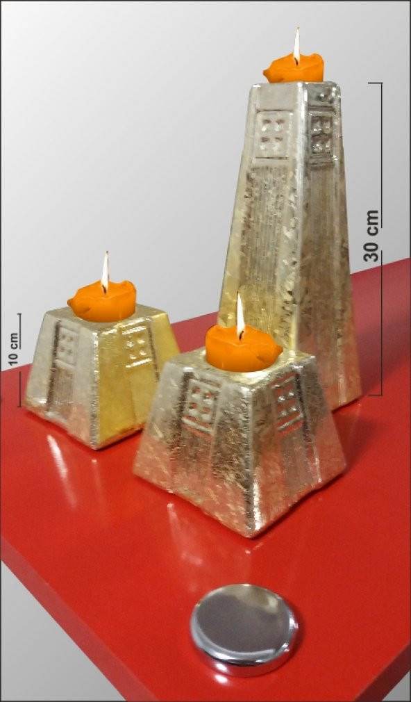 3 lü Külçe Altın Varak Kaplama Renk Porselen Büyük Kalın Şamdan Mumluk