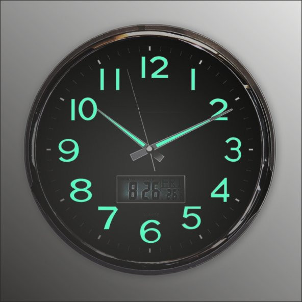 Fosforlu Termometreli Dijitalli Siyah Zeminli 32cm Duvar Saati - 2