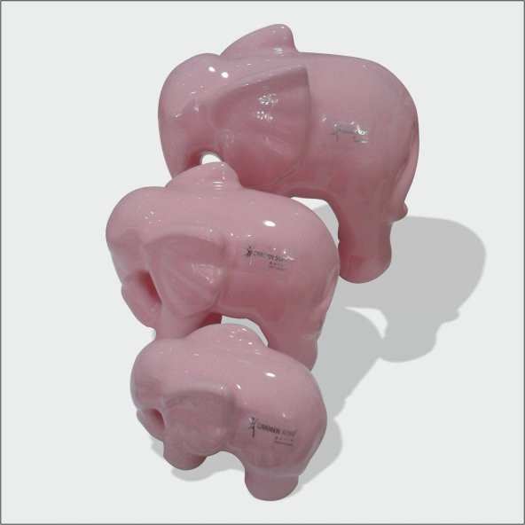 Seramik Pudra Pembe Üç Adet Fil Seti