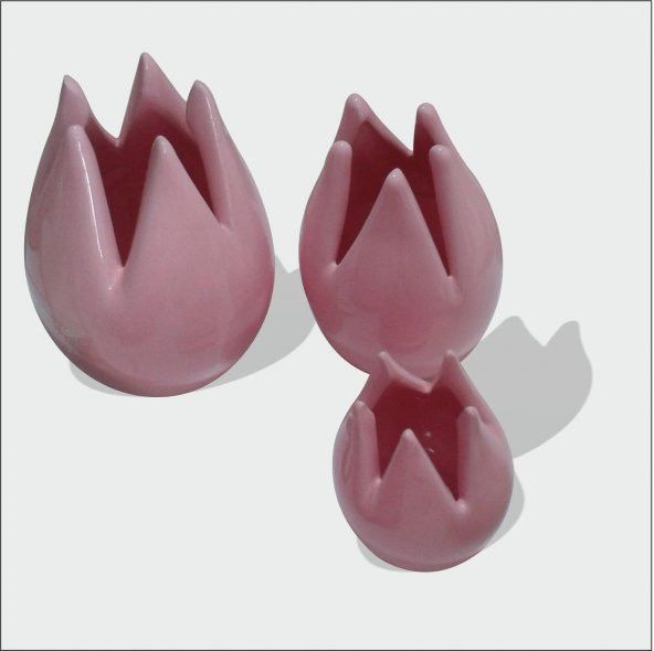 Seramik Pembe Laleler Kartvizitlik Set Biblo 18cm - 15cm - 8cm