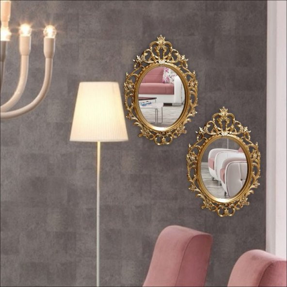 İşlemeli Oyma Altın Renk Çerçeveli 2 Adet Çift Rustik 50x70cm Cam Duvar Boy Aynası