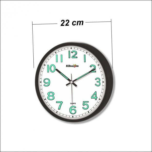 Siyah Çerçeve Fosforlu Duvar Saati 22 cm Fonksiyonel Ön Cam - 4