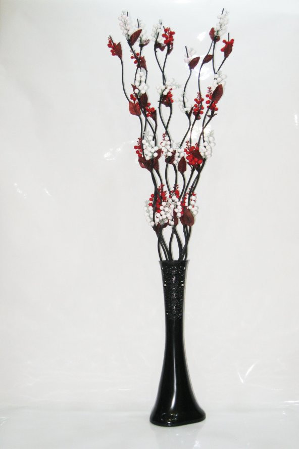 10 Dallı Beyaz Kırmızı Üzüm Çiçek 60 cm Siyah Desenli Uzun Vazo