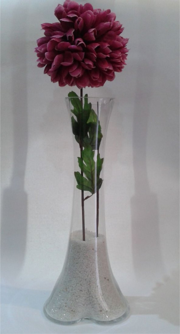 MOR ORTANCA ÇİÇEKLİ 40 cm CAM İÇİ ÇAKIL TAŞLI UZUN VAZO - Resim 3