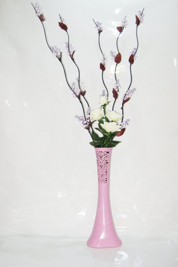 60 cm Uzun Pembe Desenli Vazo 5 Adet Mor 20 Salkım Üzüm Beyaz Gül
