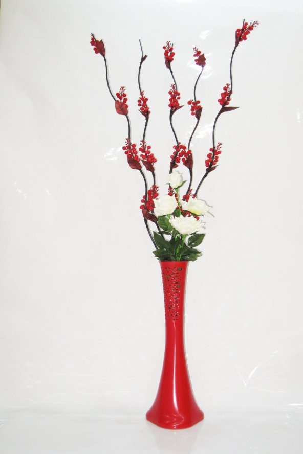 60 cm Kırmızı Vazo Kırmızı 5 Adet Üzüm Çiçek Beyaz Gül