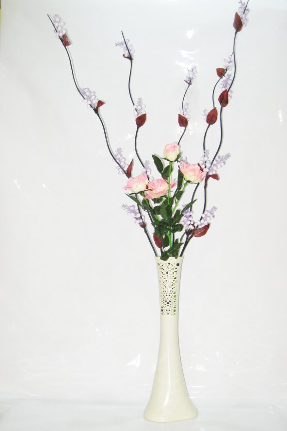 60 cm Desenli Krem Rengi Vazo 5 adet Mor Üzüm Pembe Gül ürün görseli 1