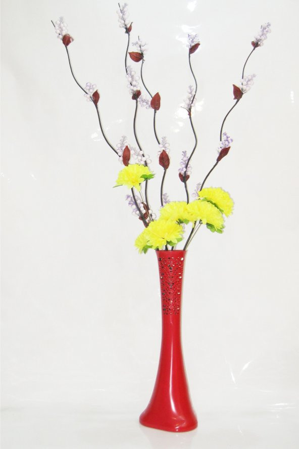 60 cm Desenli Kırmızı Vazo 5 adet Mor Üzüm Sarı Çiçek