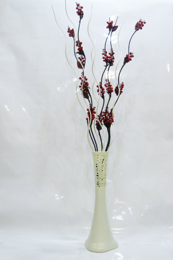 60 cm Desenli Krem Vazo 5 Adet Kırmızı Üzüm Çiçek 5adet Krem Dal