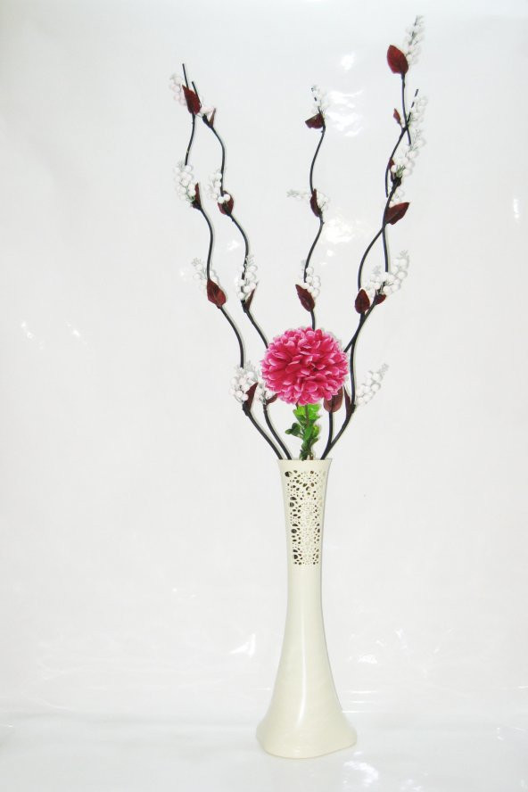 60 cm Desenli Krem Vazo 5 Adet Beyaz Üzüm Çiçek Mor Ortanca ürün görseli 1