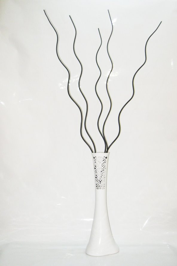 60 cm Desenli Beyaz Vazo 5 Adet Siyah Dal