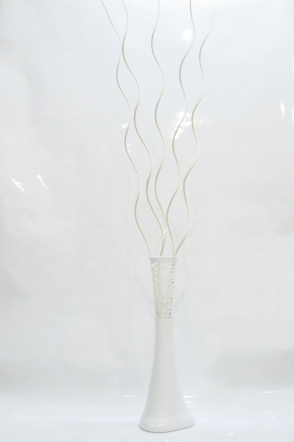 60 cm Beyaz Desenli Uzun Köşe Vazosu 5 Adet Krem Dal