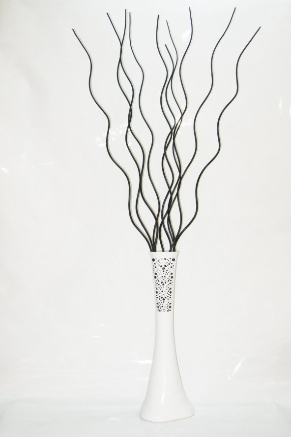 60 cm Desenli Beyaz Vazo 10 Adet Siyah Dal