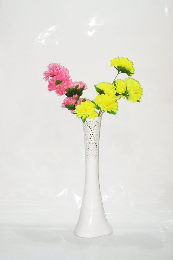 60 cm Desenli Beyaz Vazo Pembe Sarı Çiçek