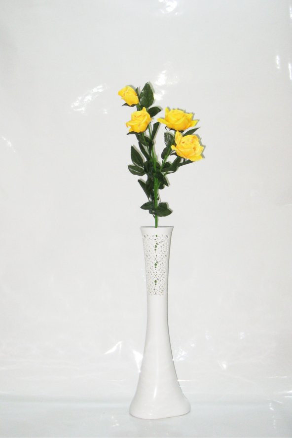60 cm Beyaz Desenli Vazo Sarı Gül