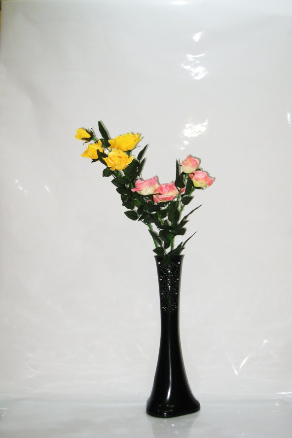 60 cm Siyah Desenli Vazo Sarı Pembe Gül