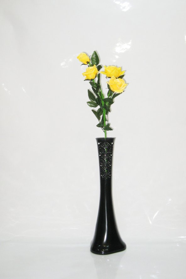 60 cm Siyah Desenli Vazo Sarı Gül