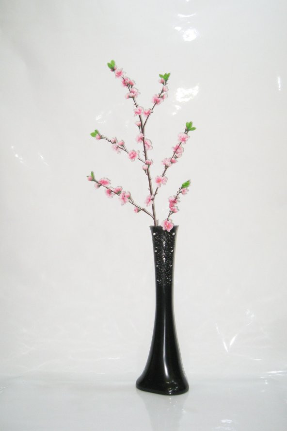 60 cm Siyah Desenli Vazo Pembe Bahar Dalı