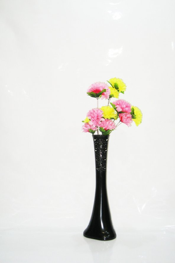 60 cm Desenli Siyah Vazo Pembe Sarı Çiçek