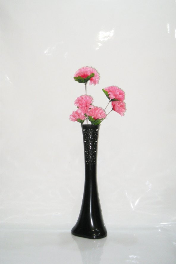 60 cm Desenli Siyah Vazo Pembe Çiçek