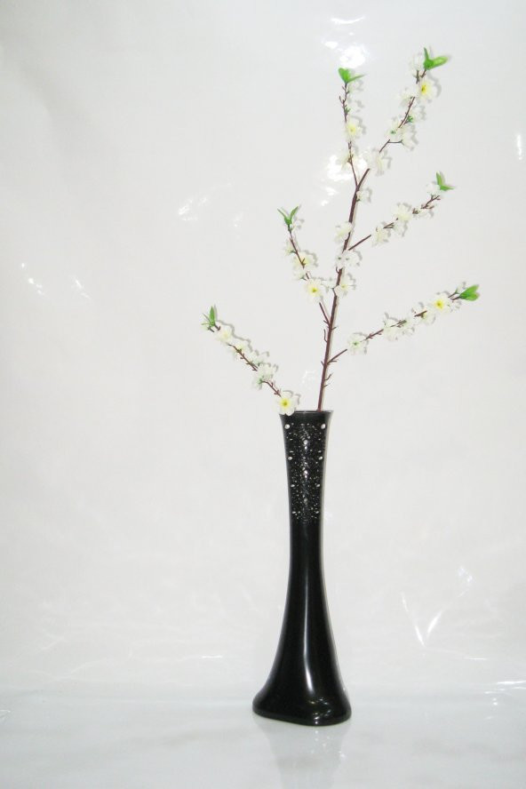 60 cm Desenli Siyah Vazo Beyaz Bahar Dalı ürün görseli 1