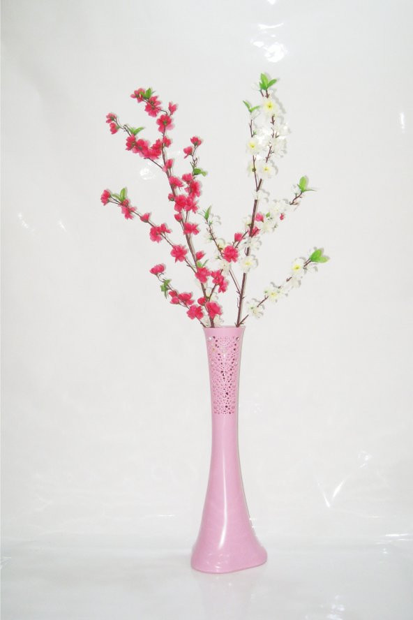 60 cm Pembe Desenli Vazo Beyaz Pembe Bahar Dalı