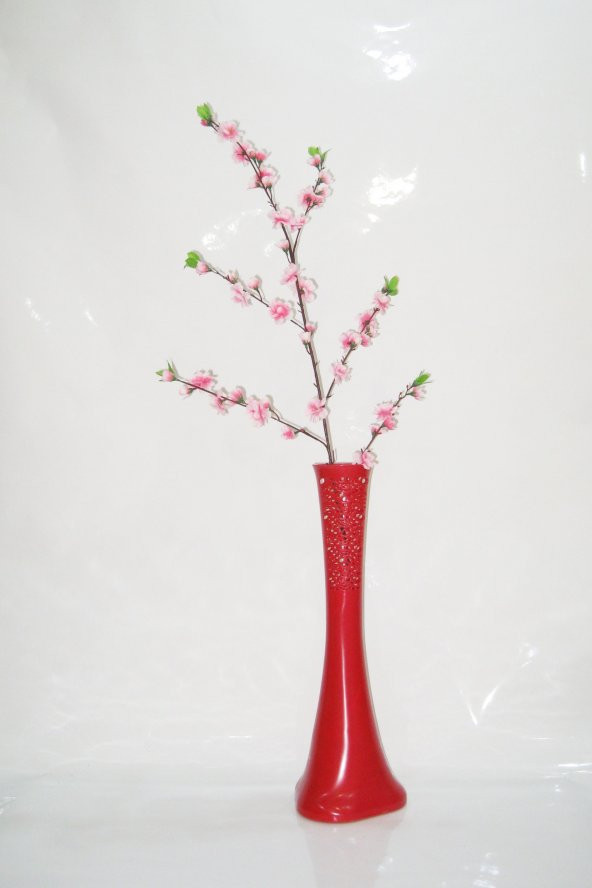 60 cm Kırmızı Desenli Vazo Pembe Bahar Dalı
