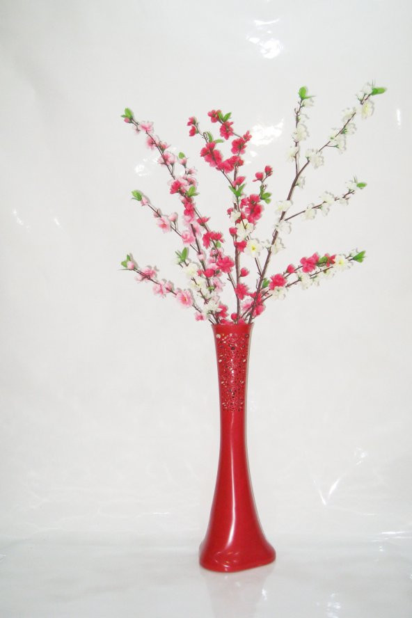 60 cm Kırmızı Desenli Vazo Üç Renk Bahar Dalı