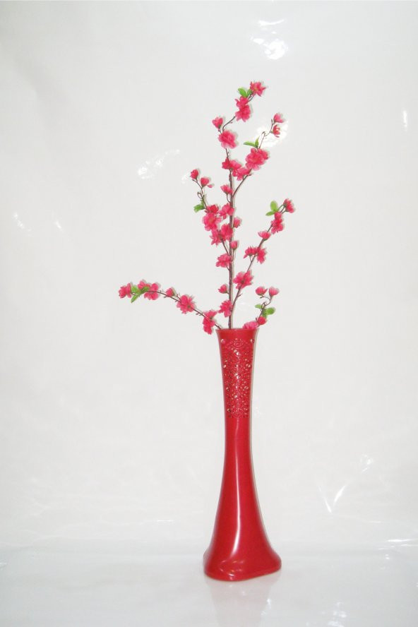 60 cm Kırmızı Desenli Vazo Fuşya Bahar Dalı