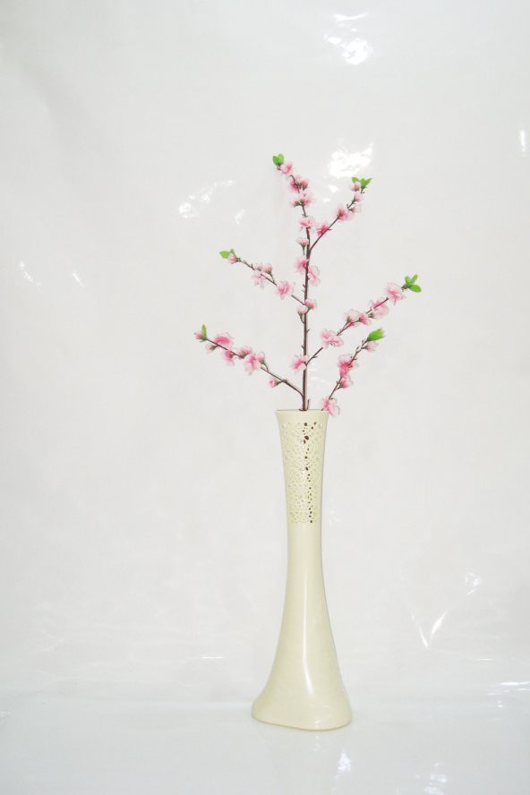 60 cm Krem Rengi İşlemeli Vazo Pembe Bahar Dalı